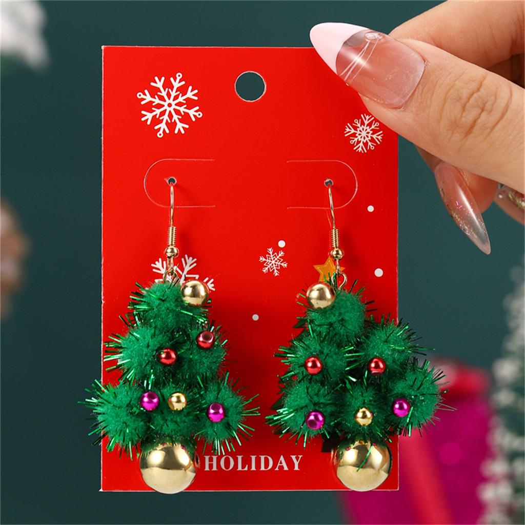 Fashion Green Hairball Christmas Tree Drop Earrings For Women Xmas Bowknot Bells Deer Santa Claus Earring Festival Party Jewelry