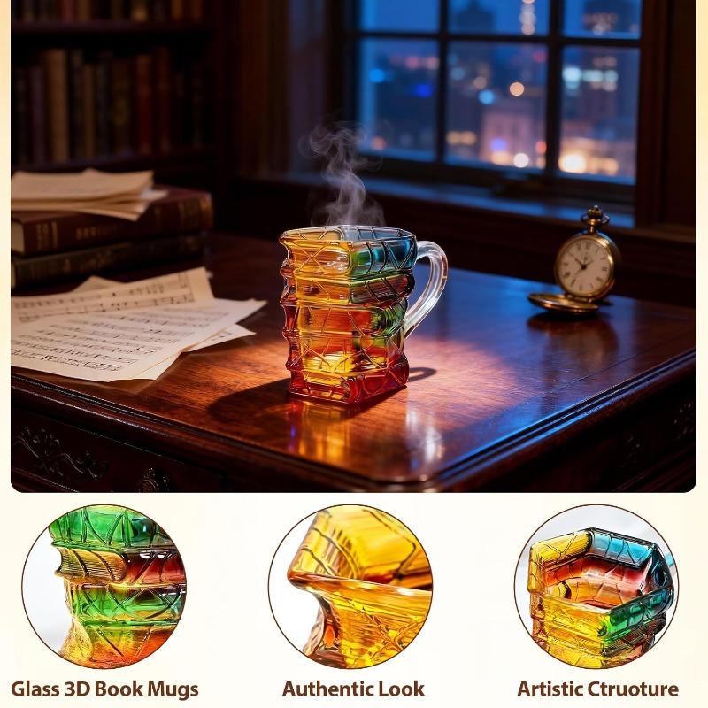 Book Coffee Mug, 3D Stained Glass Book Mug - Stacked Book Design, for Book Lovers, Readers &Writers, Unique Artistic Reading Gift for Women Friends