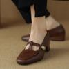 2024 Spring Retro Brown T-word with Thick Heel French Retro Mary Jane Women's Shoes, Available In Large Sizes for Douyin Distribution