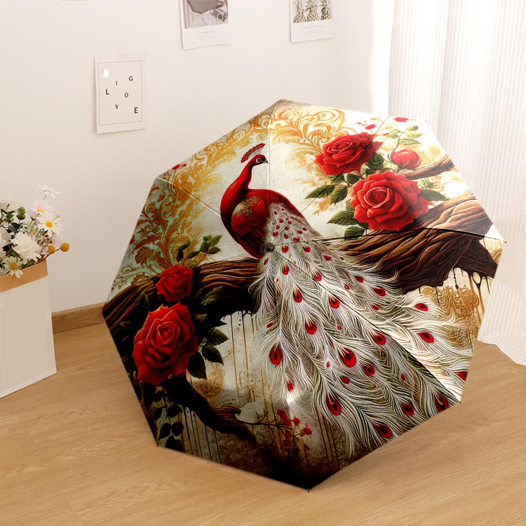 Red Peacock With Roses A Vibrant Artistic Composition Compact Travel Automatic Umbrella Sturdy 8Rib Shaft Sturdy Construction Travel Essential Vibrant
