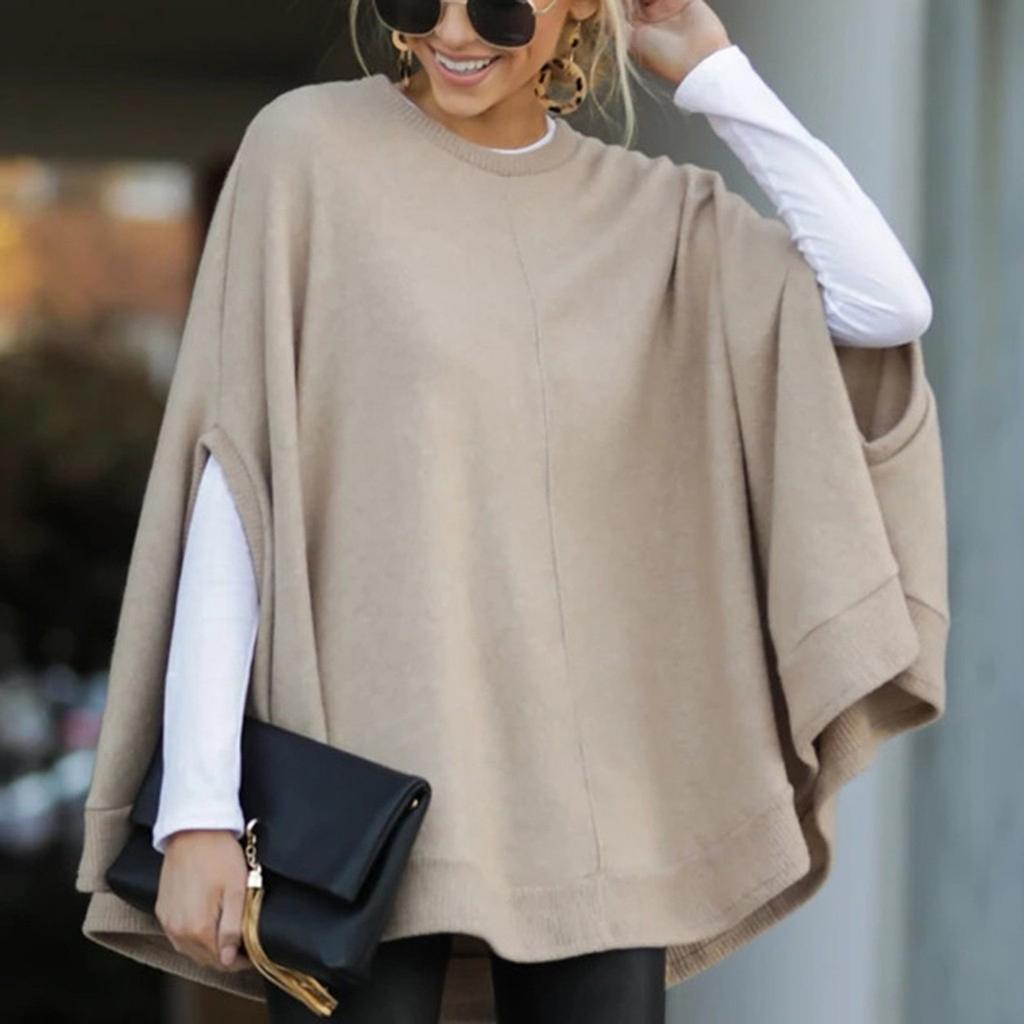 Women Fashion Solid Color Print Loose Hooded Sleeve Splitter Long Sleeve Top