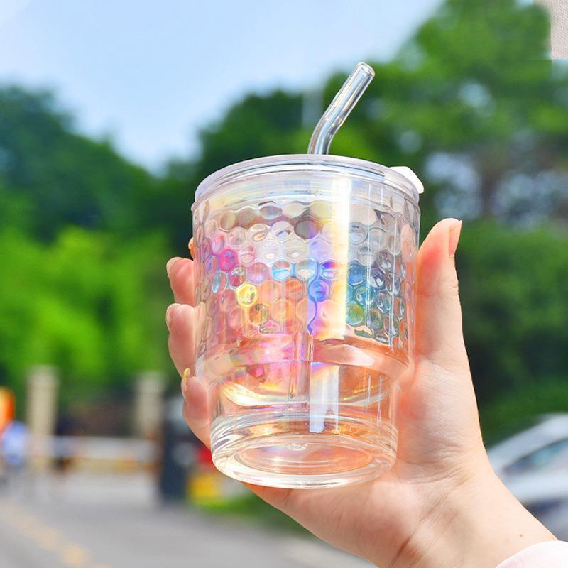 Colourful Coating Glass Cup Portable Household Iced Coffee Juice Drink Mug With Plastic Lid And Glass Straw
