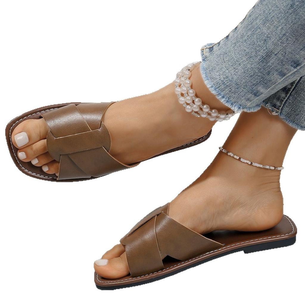 Retro Style Flat-bottomed Open-toed Slippers Women's Large Size with Beach Cool Slippers Slippers