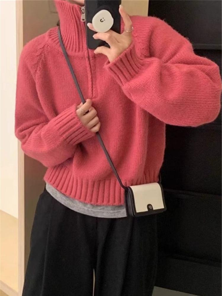 Дизайнерский свитер с полумолнией и лацканами, женский осенне-зимний новый корейский свитер со стоячим воротником, свободный, для ношения на улице