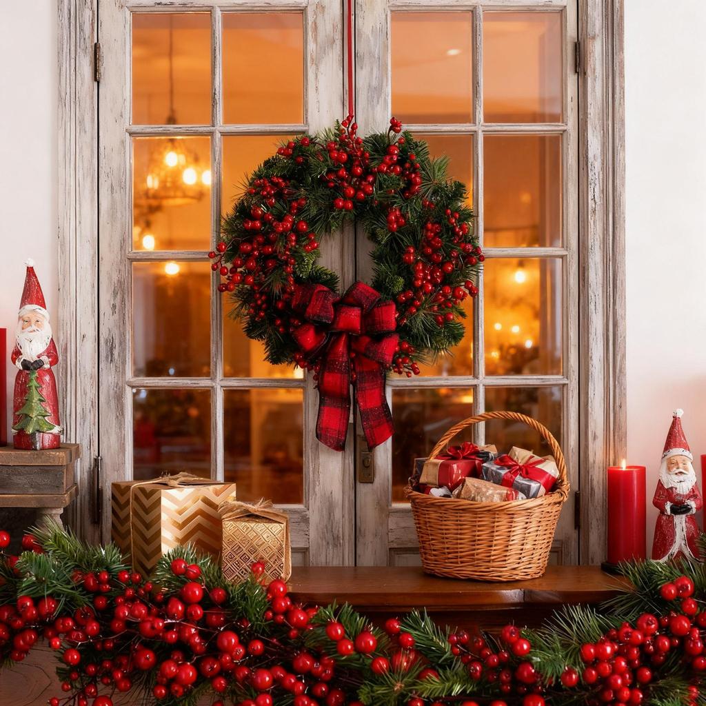 Red & Black Plaid Bow Christmas Wreath with Artificial Berries