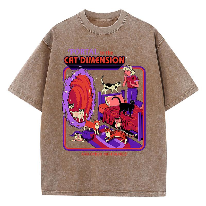Портал для кота Измерение стирать ретро мужская одежда мода футболки уличная одежда хлопок свободные топы дышащая футболка пара
