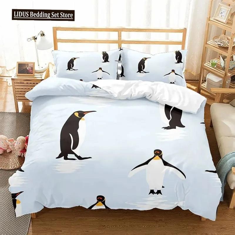 Cartoon Penguin Duvet Cover Collection For Boys Girl Animated Antarctic Animal Polyester Quilt Cover White Black King Queen Size