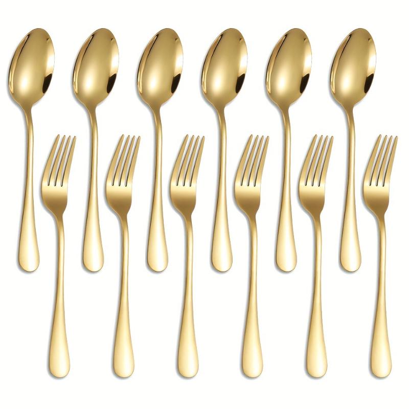 6/12PCS Stainless Steel Spoon And Fork Set Silver Gold Kitchen Household Tableware Set Food Grade Thick Teaspoon.