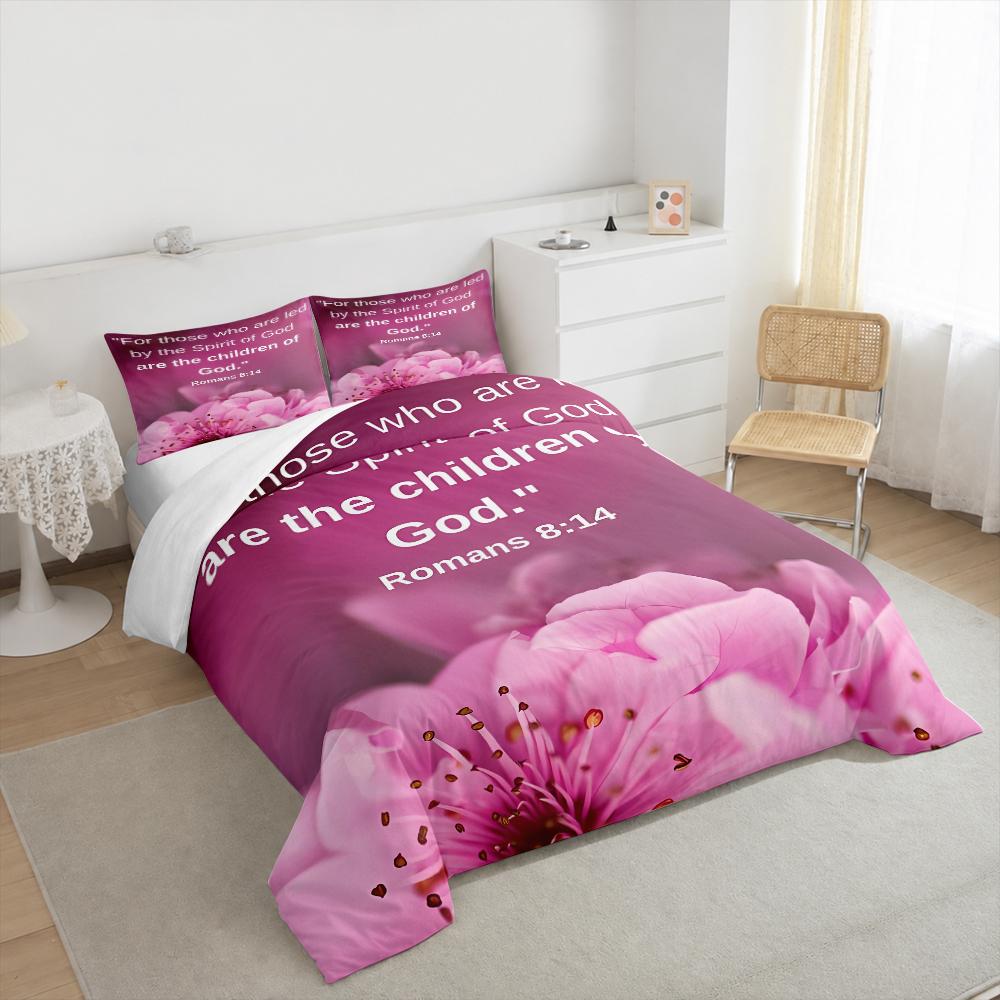 Pink Blossom Bible Verse Bedding set (1 duvet cover, 2 pillowcases, duvet not included), Romans 8:14 Scripture Art Print
