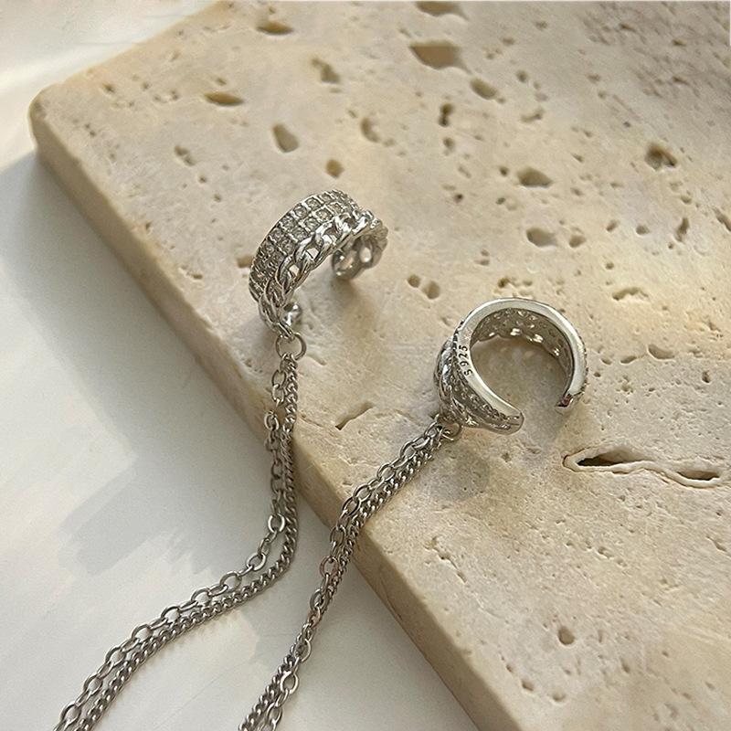 Long Fringed Ear Clips Without Ear Holes, Women'S Inlaid Zircon C-Shaped Ear Bone Clips, Temperament Double Chain Earrings