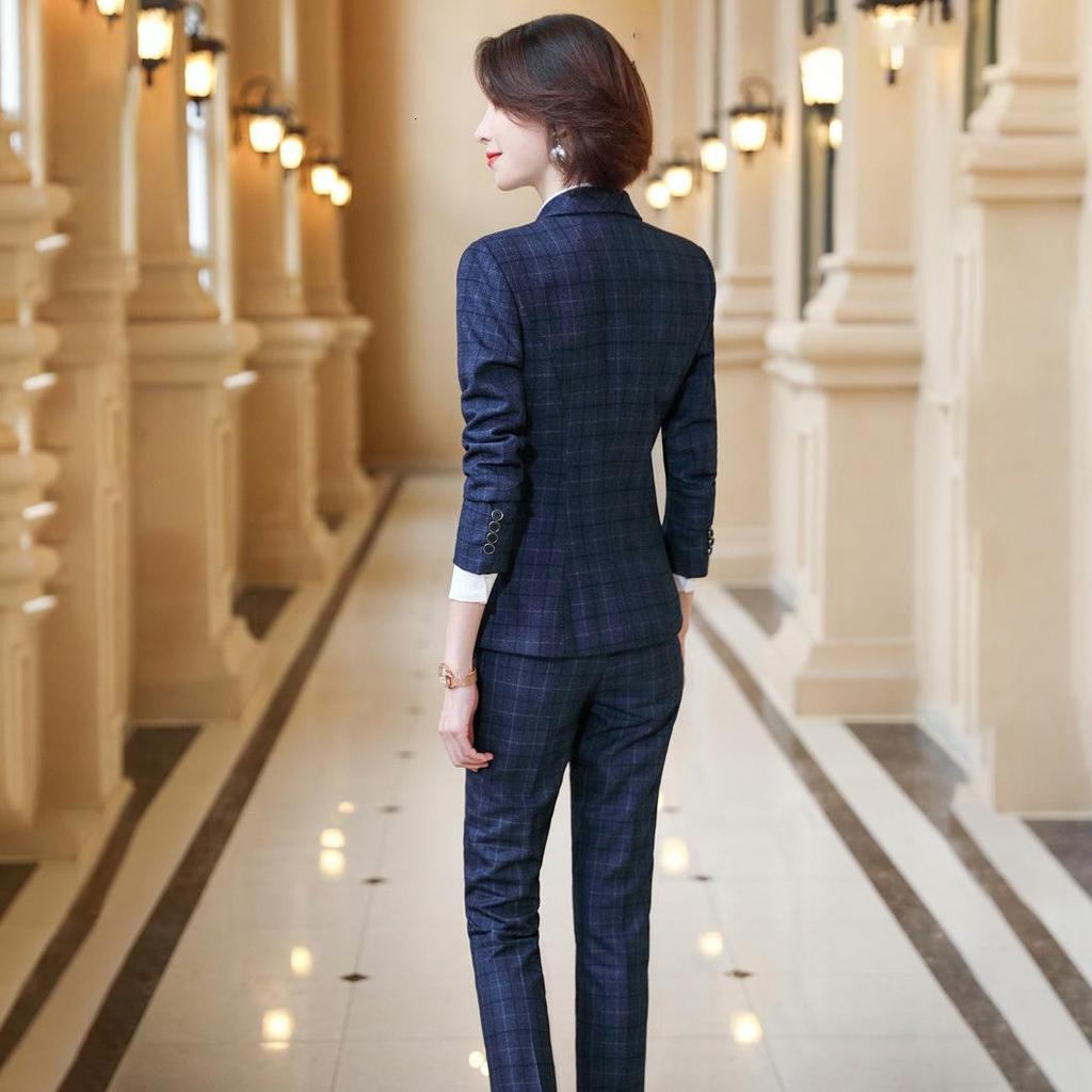 Женская деловая рабочая одежда, женские офисные профессиональные блейзеры OL, модный клетчатый костюм из 3 предметов, синее пальто + брюки + жилет