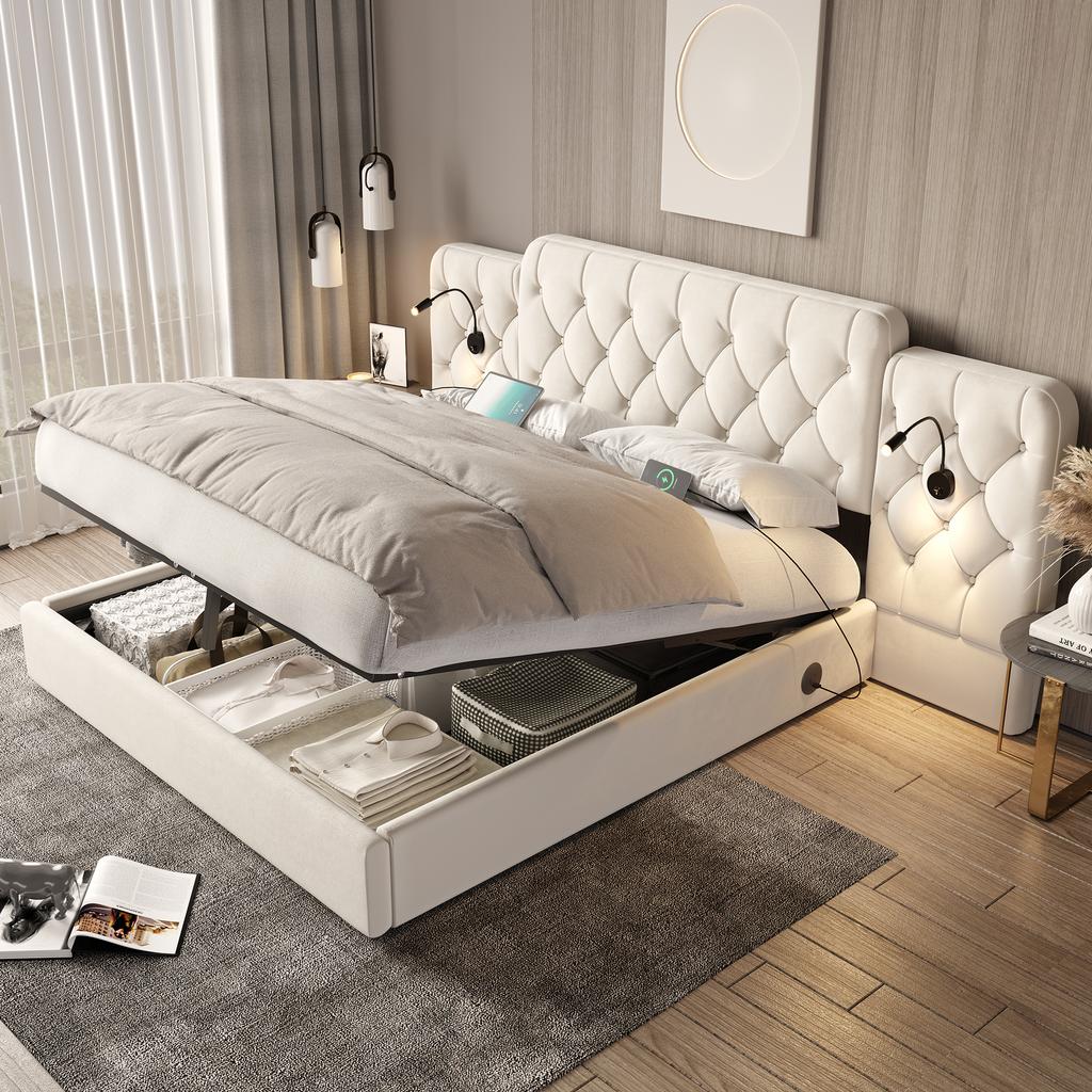 (Old SKU:W1880S00074) Bed Frame, Long Headboard, Velvet Material, USB Ports, Desk Lamp, Hydraulic System, Storage Underneath, 160 x 200 cm, Beige