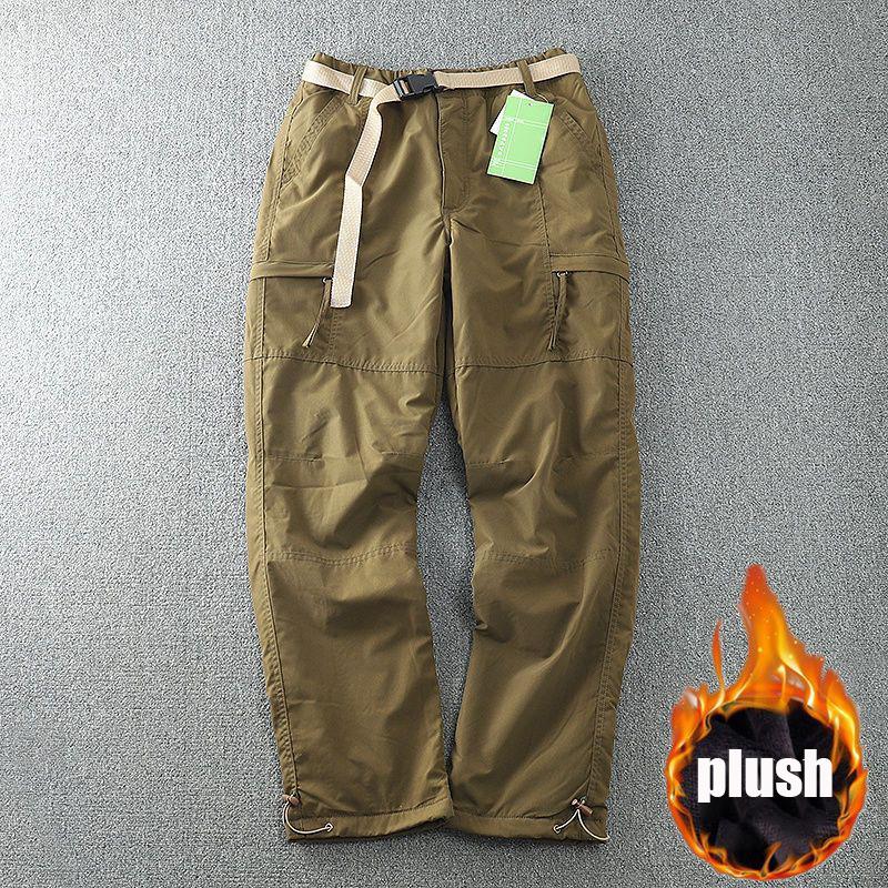 Плюшевые и неплюшевые(По желанию) Водонепроницаемые теплые флисовые брюки-карго, мужские зимние уличные плюс бархатные свободные прямые повседневные брюки с множеством карманов