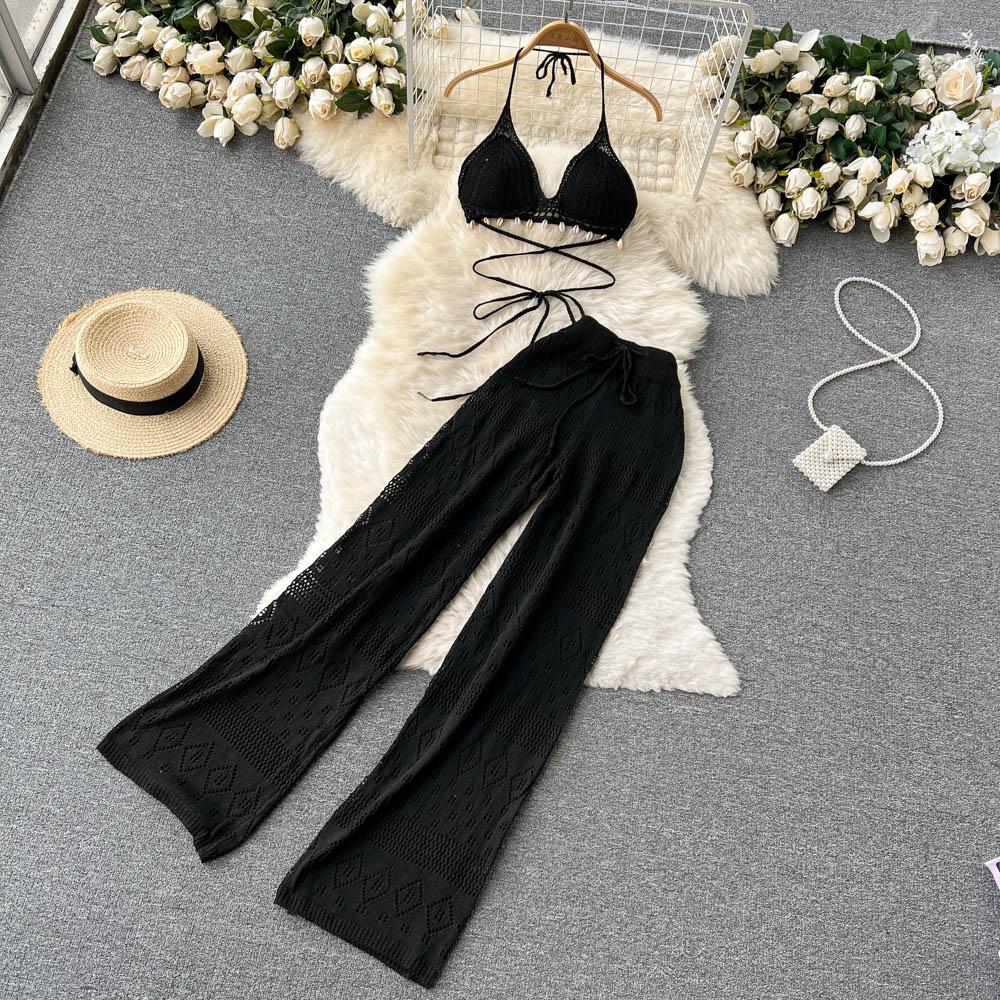 RUGOD Летний Прямой Свободный Высокая Талия Показывает Тонкость Универсальный Пол Длины Широкие Штаны С Завязкой На Шее Короткий Костюм Из Двух Предметов