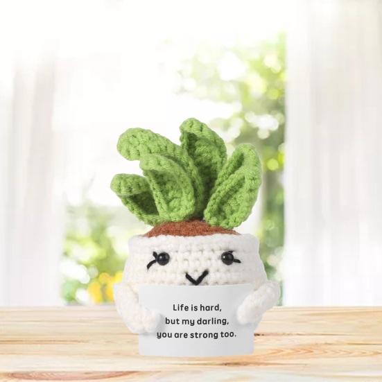 Crocheted Doll Cactus Succulent Doll with Cheer-up Card Tabletop Ornament Positive Crochet Figurine