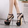 Fashion Sexy Black Narrow Band Crossover Women's Sandals Waterproof Peep Toe Buckle Strap Thin High Heels Club Roman Shoes