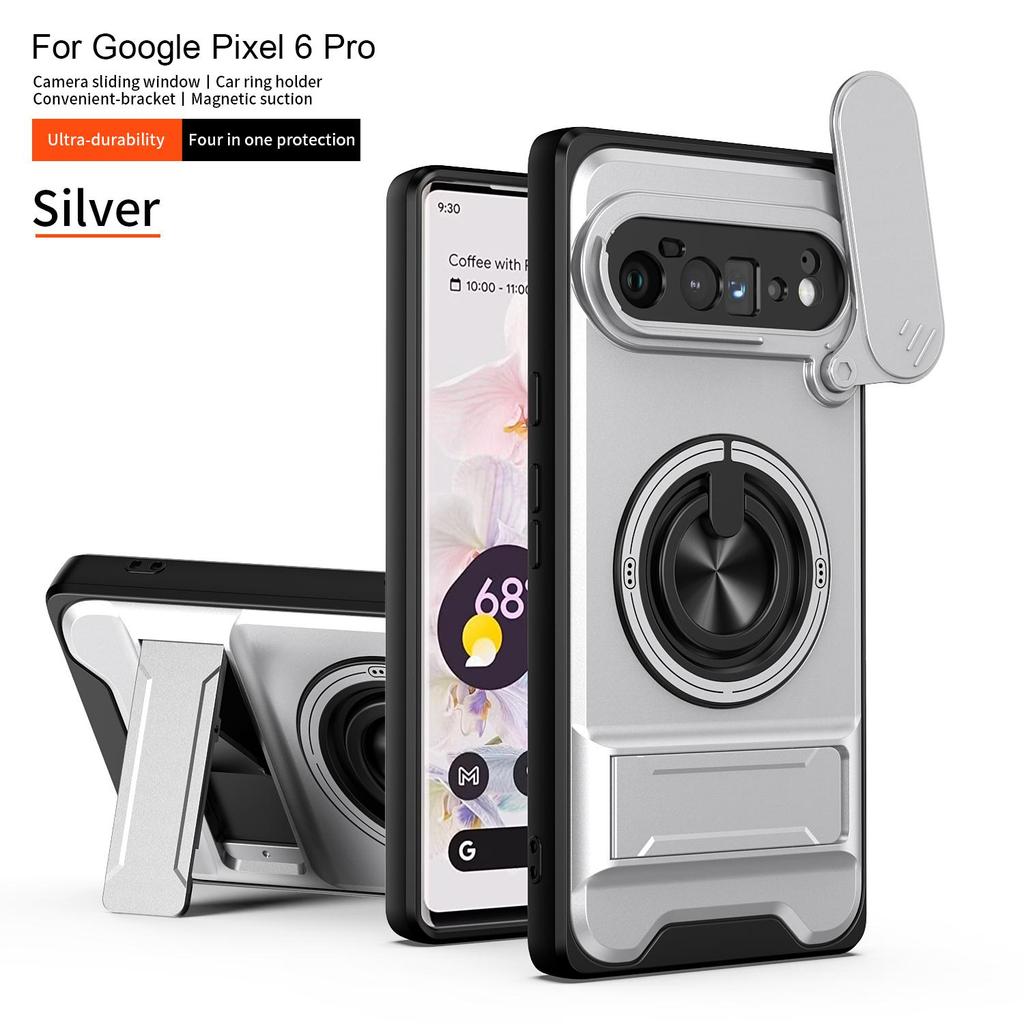 Slide Camera Cover Compatible for Google Pixel 6 Pro Case With Built-in Ring Stand and Folding Stand