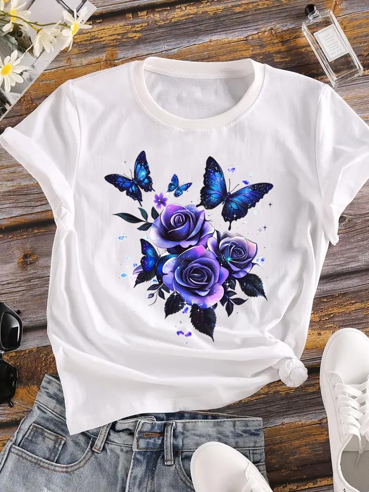 (Азиатский размер) Футболка с коротким рукавом Женская радужная трендовая футболка Верхняя одежда Повседневная Цветочная модная женская графическая футболка с принтом