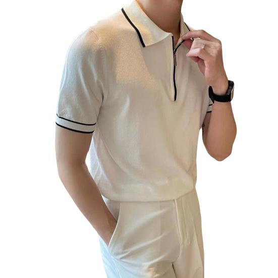 Мужская летняя рубашка, тонкая трикотажная, с коротким рукавом, на молнии, с лацканами, эластичный подол, полосатая, однотонная, свободная рубашка для поездок на работу и путешествий на открытом воздухе