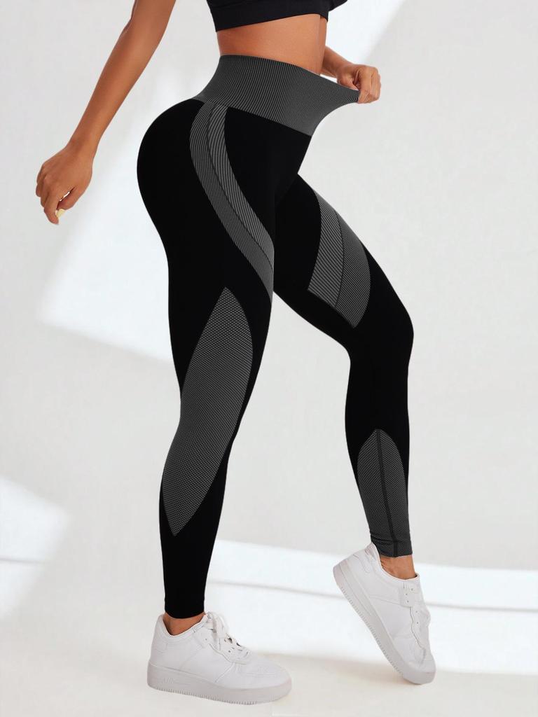 Seamless High-Waist Colorblock Yoga Pants: Women's Breathable, Butt-Lifting, Black Striped Sportswear