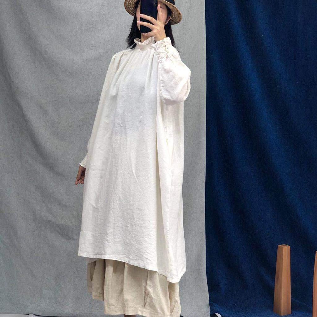 Johnature Осенние винтажные льняные халаты, женские повседневные однотонные свободные платья с оборками и воротником, женское платье с длинными рукавами