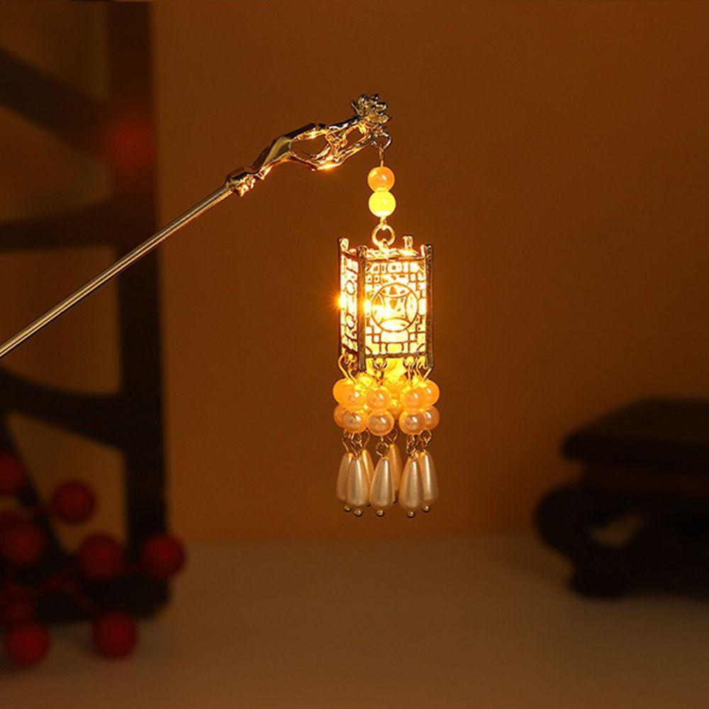 Китайский дворец Фонарь Шпилька для волос Золотой цвет Металлические палочки для волос Вилки со светом Женские украшения Ретро Цветок лотоса Кисточка Головные уборы