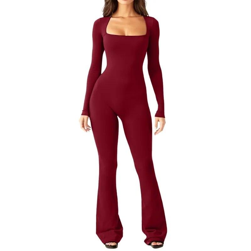 2024 Long Sleeve Square Collar Skinny Wide Leg Women Jumpsuits High Elastic Fashion Bodysuit Casual Solid Color Clothes 30648