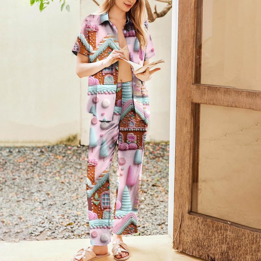 Женский рождественский пижамный комплект с принтом, женские короткие рукава, длинные брюки, комплект из двух предметов, застегивающийся на пуговицы, домашняя одежда