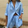 Fashion Solid Shirt Home Suits Casual Short Sleeve Tops + Drawstring Shorts Two Piece Set 2025 Summer Women Button Loose Outfit