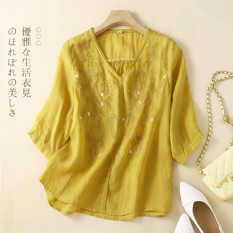 Summer Women's Shirt Medium-sleeved Cotton Linen Shirt Embroidered Thin Temperament Loose Shirt Tops