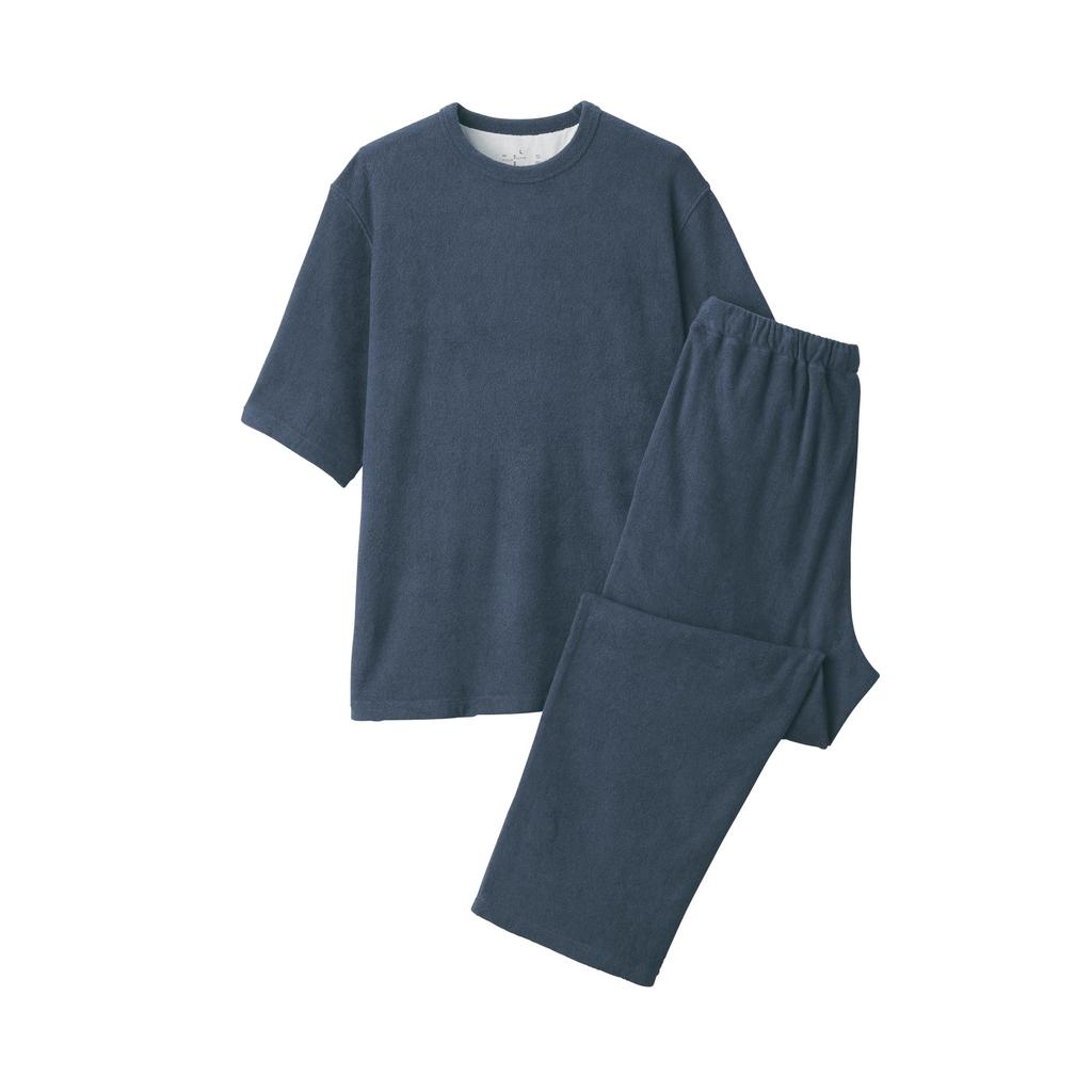 MUJI Домашняя одежда, которую можно носить, Размер L, Мужская, Полотенце, Двусторонняя плитка, Комплект с полурукавом, Темно-синий, (FB0ZGA5A)