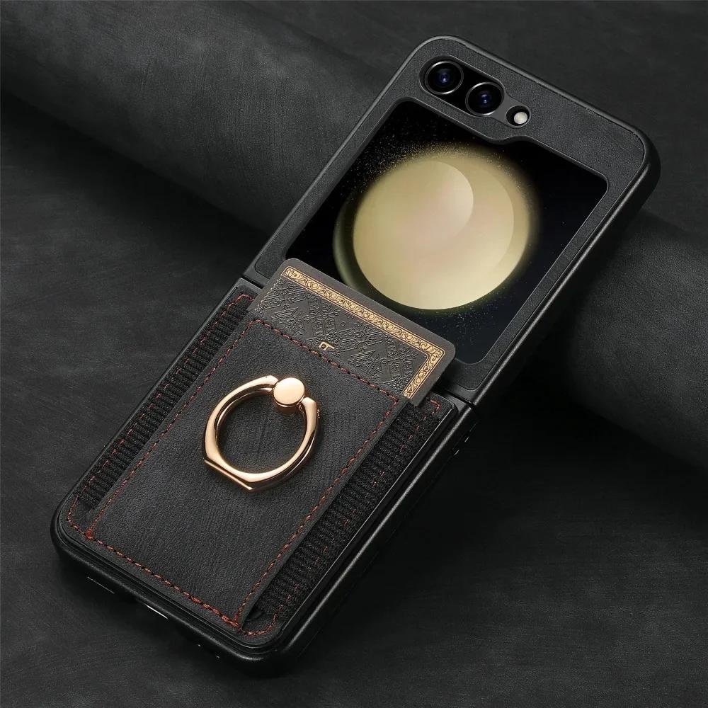 Retro PU Leather Wallet Cover for Samsung Z Flip 6 5 4 3 2 Flip6 Flip5 Flip4 Flip3 Flip2 5G Ring Card Slot Holder Phone Case