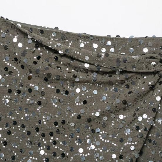 Women Sequins Mini Skirt with Cross Front Twist Detail Side Slit Hidden Zipper Closure Nightclub Short Skirt