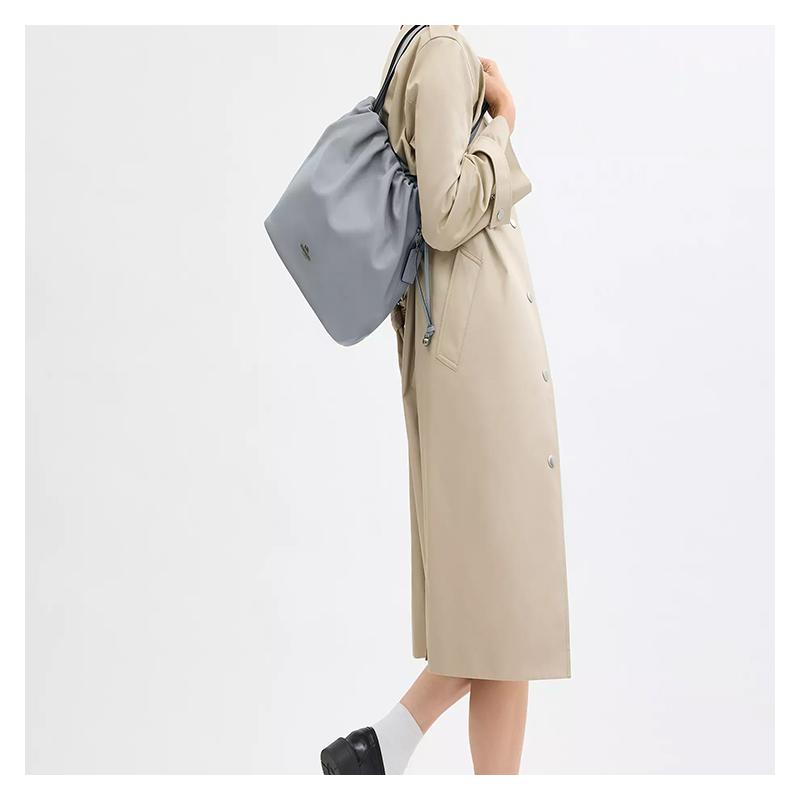 COACH Faye 28 Logo Drawstring Closure Smooth Leather Shoulder Bag Large Women's Gray Blue
