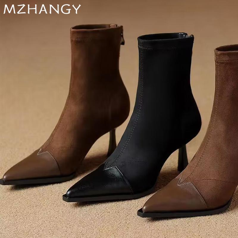 Fashion Women Pointed Toe Stilettos Ankle Boots Leather Elegant Pumps Shoes Woman 2025 Trend Winter Fashion Party Chelsea Boots Mujer