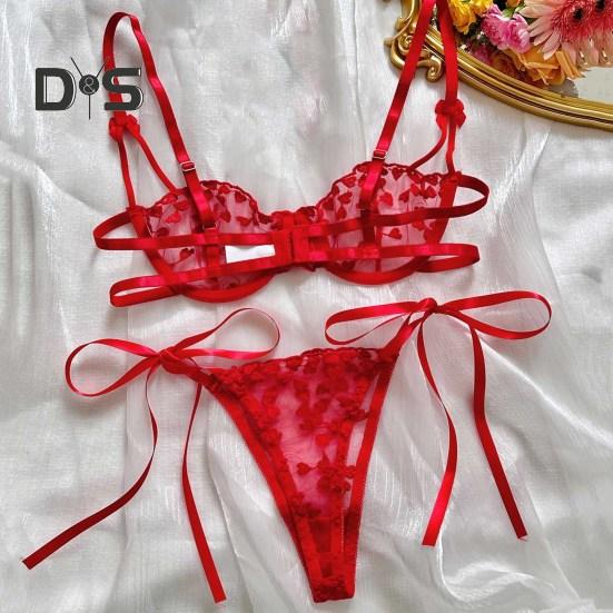 Комплект нижнего белья из 2 предметов: бюстгальтер и трусики, прозрачный, кружевной, с вышивкой в виде сердца, однотонный, с регулируемым ремешком, тонкий, мягкий, с высокой талией, для первой брачной ночи или медового месяца