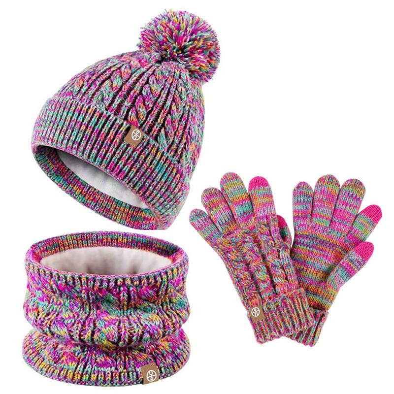 Kids 3-Piece Winter Knit Set Nordic Style Thick Warm Hat Scarf Gloves With Pom Poms