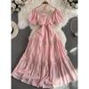 Vacation Style Square Collar Lace Pink Dress Female Summer 2024 New Beach Dress Popular Western Style Fairy Dress