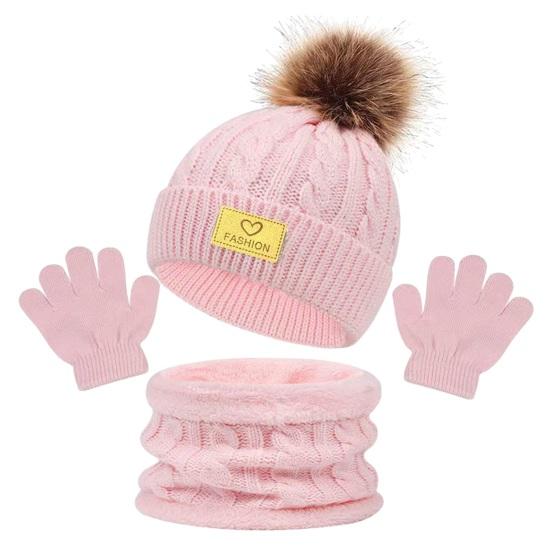 3 шт./набор Детская зимняя шапка, шарф, перчатки, комплект, Декор плюшевым помпоном, Вязаная шапка с текстурой переплетения, без полей, Вязаные перчатки, Флисовая подкладка, Набор гетр для шеи