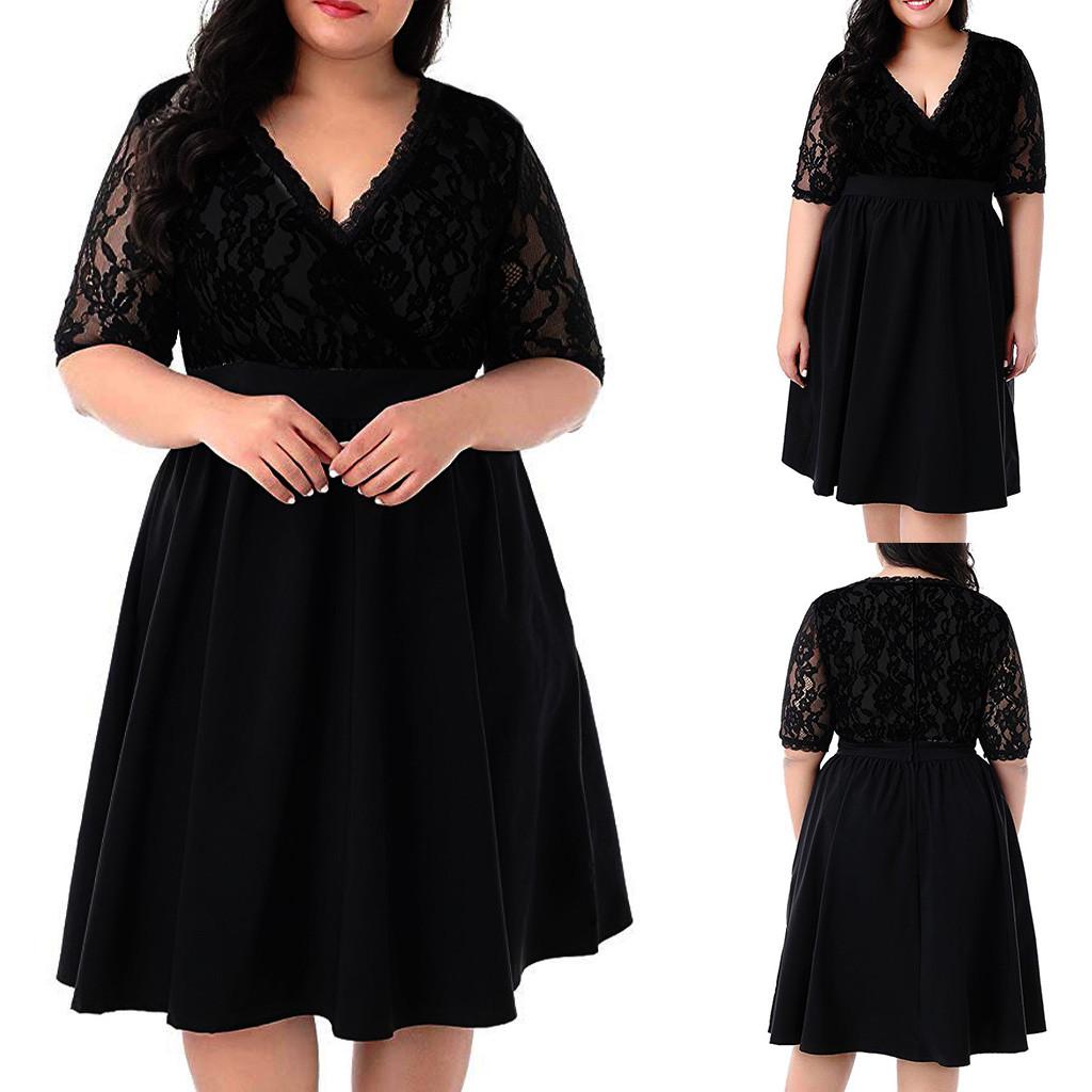 Women Plus Size V-neck Short Sleeve Sexy Lace Stitching Waist Evening Dress