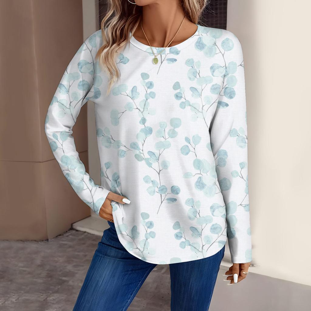 Women's Fashion Casual Long Sleeve Floral Print Round Neck Top