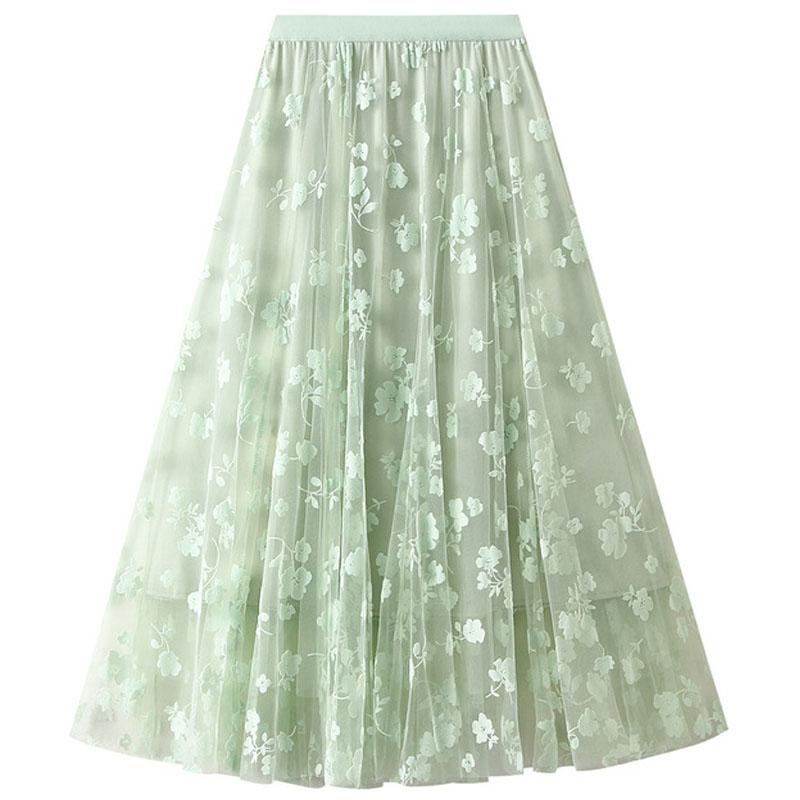 Qooth Женская элегантная тюлевая юбка-пачка с цветочным принтом, новая офисная женская сетчатая плиссированная юбка на весну и лето QT2326