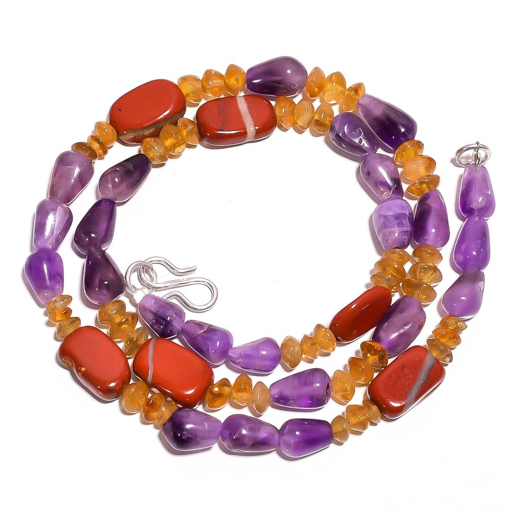 Natural Amethyst Citrine Red Jasper Gemstone Smooth Beads Necklace 17" UB-3180 UB-3180