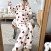 Autumn and Winter Thick Pajamas Women's 2-Piece Set Heart Shape Flannel Soft Homewear Button Long Sleeve Pajamas Pajamas Homewear