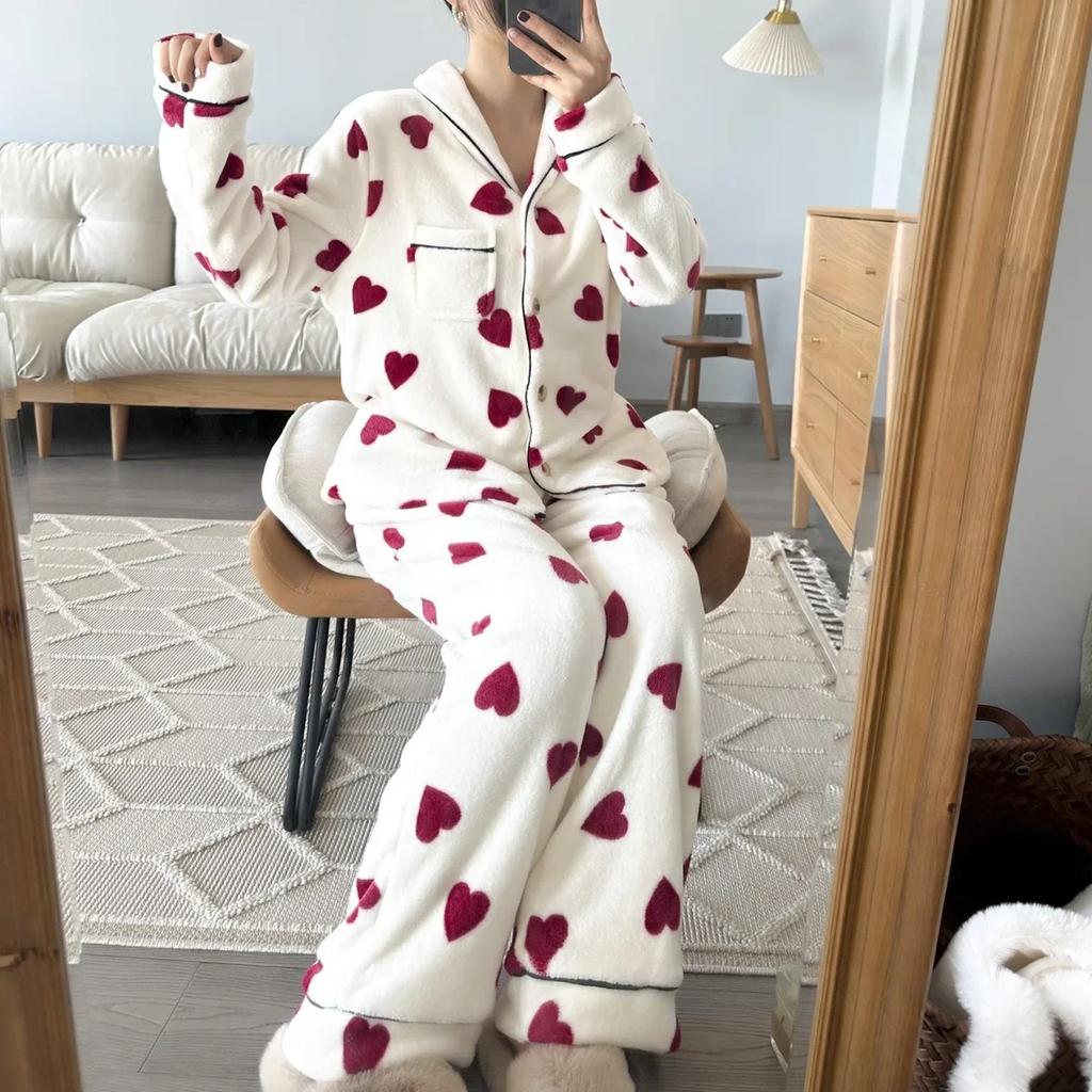 Autumn and Winter Thick Pajamas Women's 2-Piece Set Heart Shape Flannel Soft Homewear Button Long Sleeve Pajamas Pajamas Homewear
