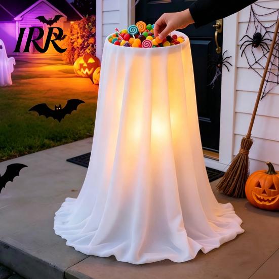 Trick or Treat Candy Table Halloween Decoration with 8-Mode Remote Control LED Light, Ghost Bowl Holiday Storage Tripod Stand, Cute Holder