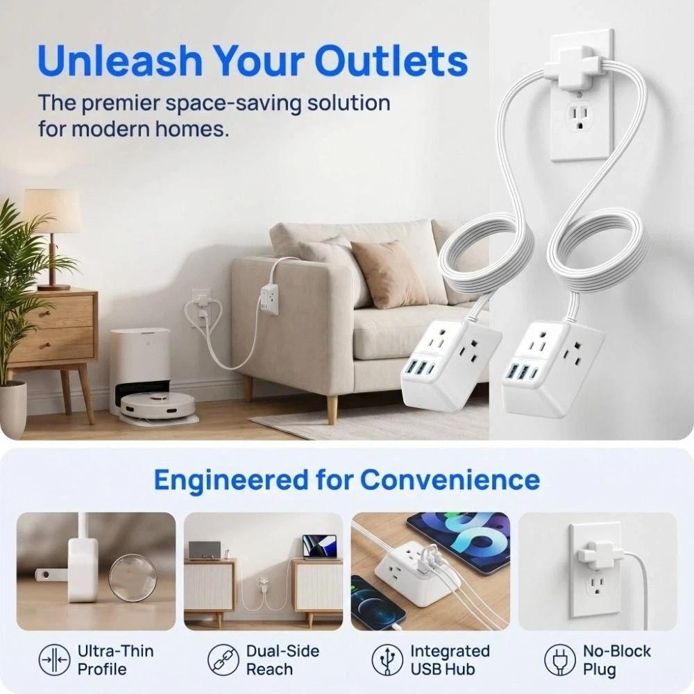 12FT Length Twin Extension Cord 2 USB-A Ports Split Power Strip Overload Protectio