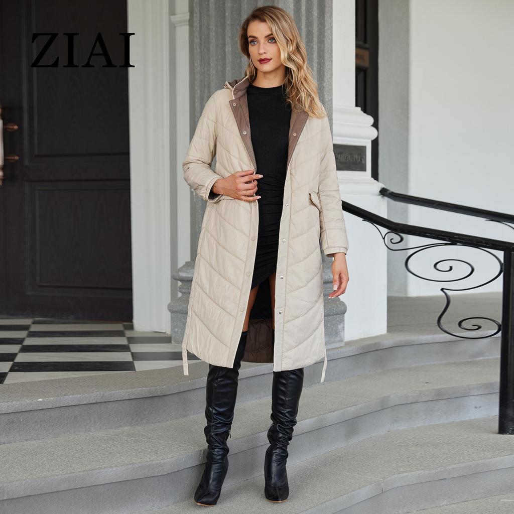 ziai Осенне-зимняя женская куртка, длинное теплое стеганое пальто с капюшоном, однотонная свободная стеганая парка, женская одежда для девочек ZM-20494