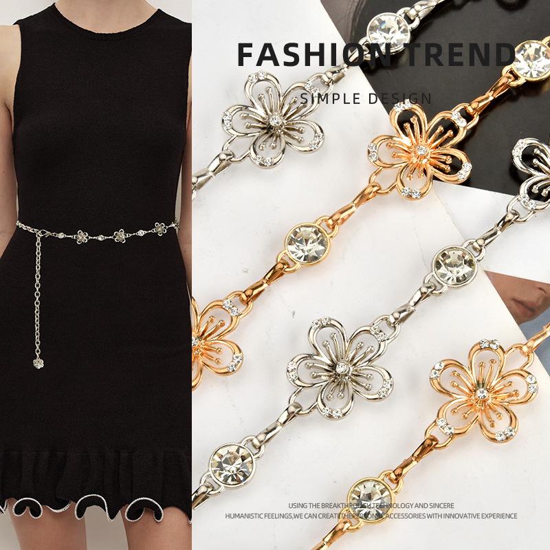 High-end Simple Metal Flower Decoration Rhinestone Waist Chain Women's Dress Accessories Temperament Belt Women