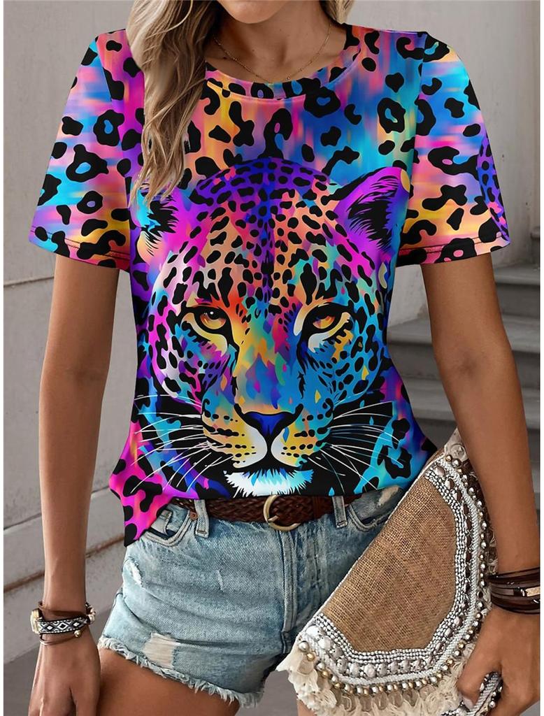Summer Colorful Leopard 3D Print T-shirt Women Streetwear Casual Fashion Oversize Short Sleeve T Shirt O-neck Tees Tops Clothing